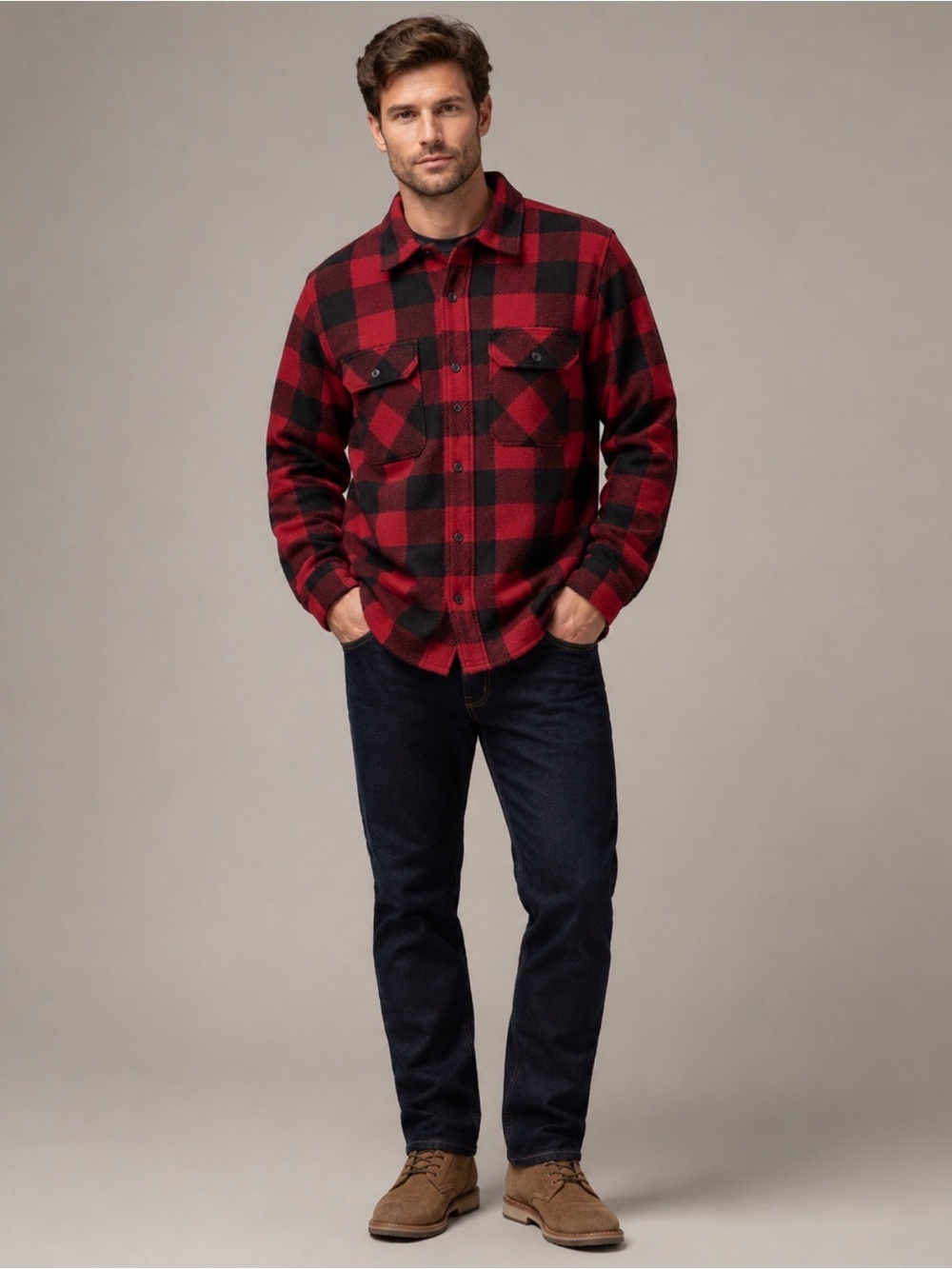 Wrangler Men’s XL Red Black Buffalo Plaid Fleece Shirt Jacket Shacket Perfect